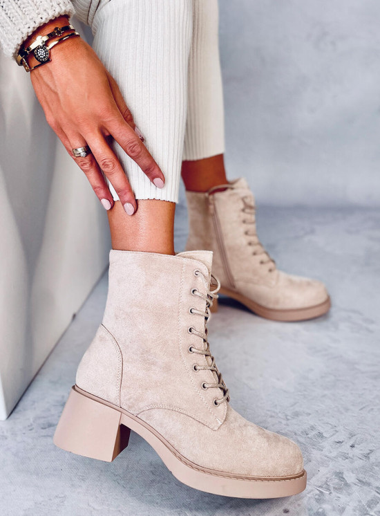 Schnürstiefeletten mit breitem Absatz Beige