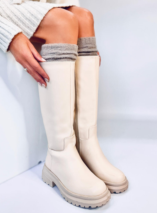 Ecru Stiefel mit dickem Absatz