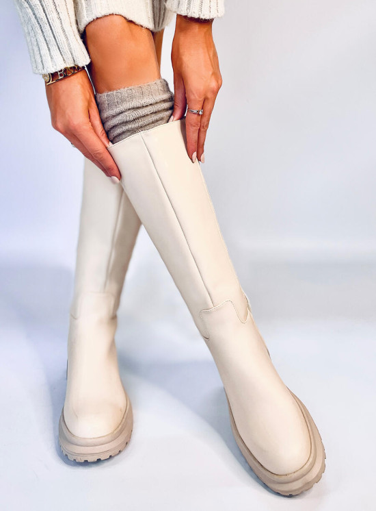 Ecru Stiefel mit dickem Absatz