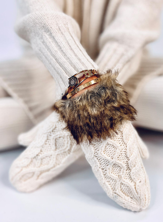Fäustlinge mit Strickmuster Ecru
