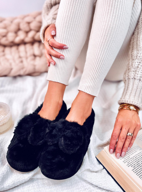 Kunstfell-Hausschuhe mit Schleife Schwarz