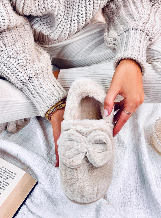 Kunstfell-Hausschuhe mit Schleife Beige