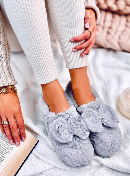Kunstfell-Hausschuhe mit Schleife Grau