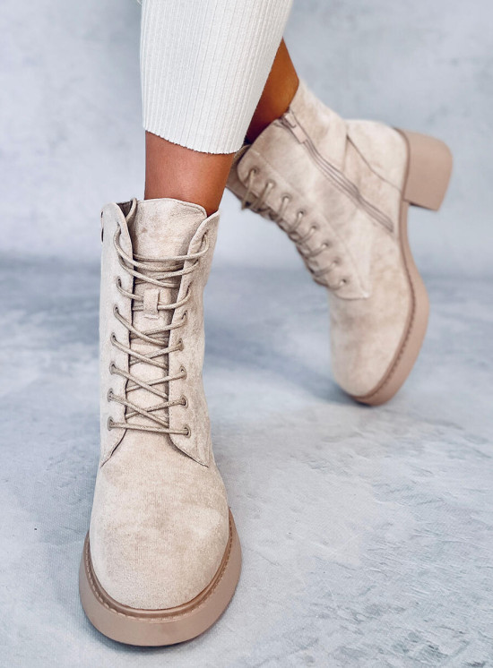 Schnürstiefeletten mit breitem Absatz Beige