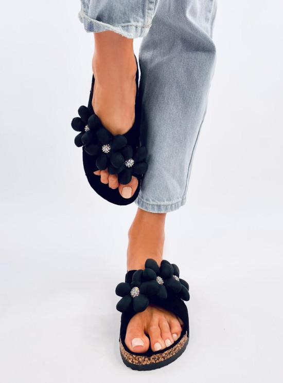 Damen Pantoletten mit Blumen Schwarz