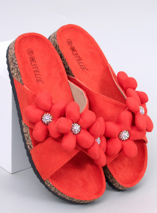 Damen Pantoletten mit Blumen Orange