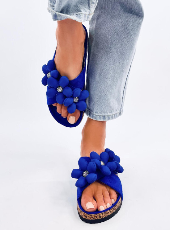 Damen Pantoletten mit Blumen Royal Blau