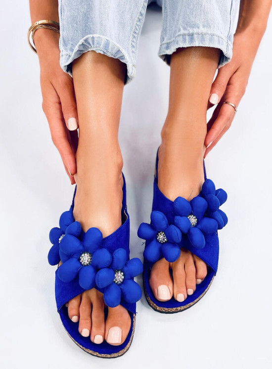 Damen Pantoletten mit Blumen Royal Blau