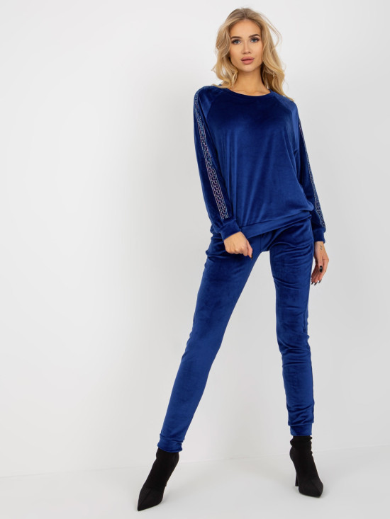 Kobaltblauer Damen Veloursanzug mit Strassapplikation