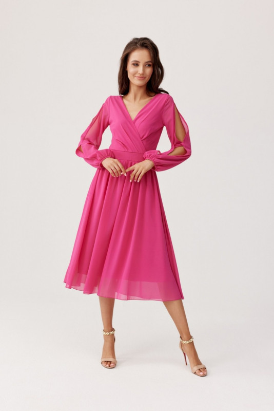 Ausgestelltes Kleid mit Wickelausschnitt und langen Ärmeln in Amaranth
