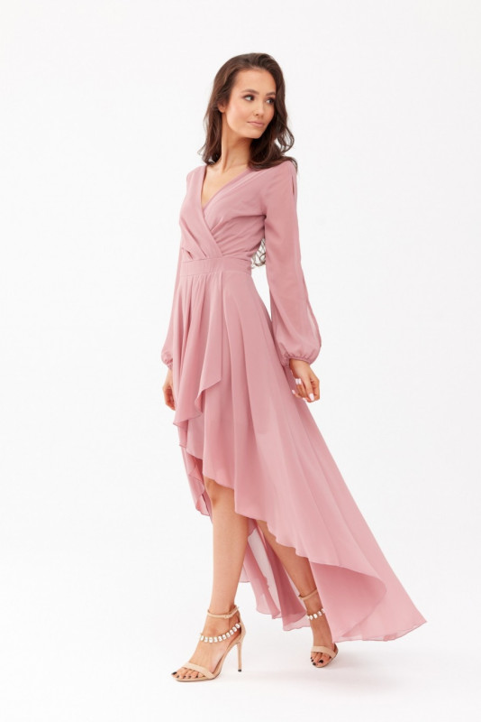 Asymmetrisches Maxi-Kleid mit langen Ärmeln in Dunkelrosa