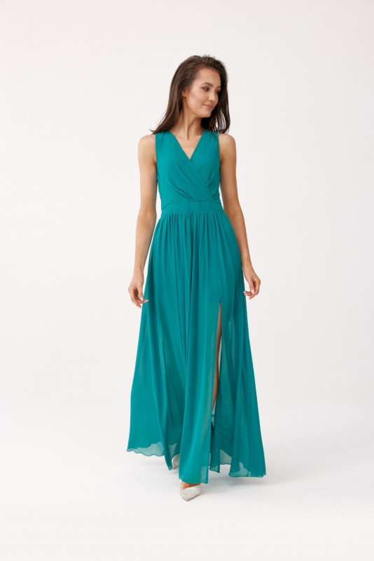 Langes Kleid mit Wickelausschnitt und Rückenschnürung, hellgrün