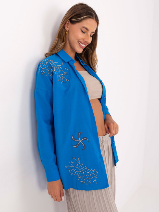 Dunkelblaue Oversize-Bluse mit Stickerei