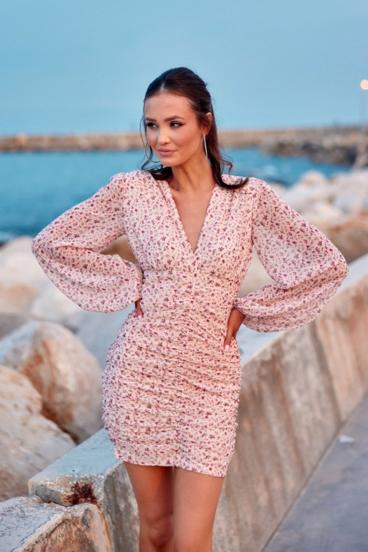 Figurbetontes Amanda-Kleid mit Puffärmeln, mehrfarbig
