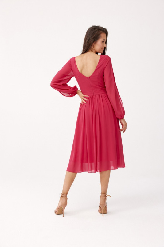 Ausgestelltes Kleid mit Wickelausschnitt und langen Ärmeln in Korallenrot