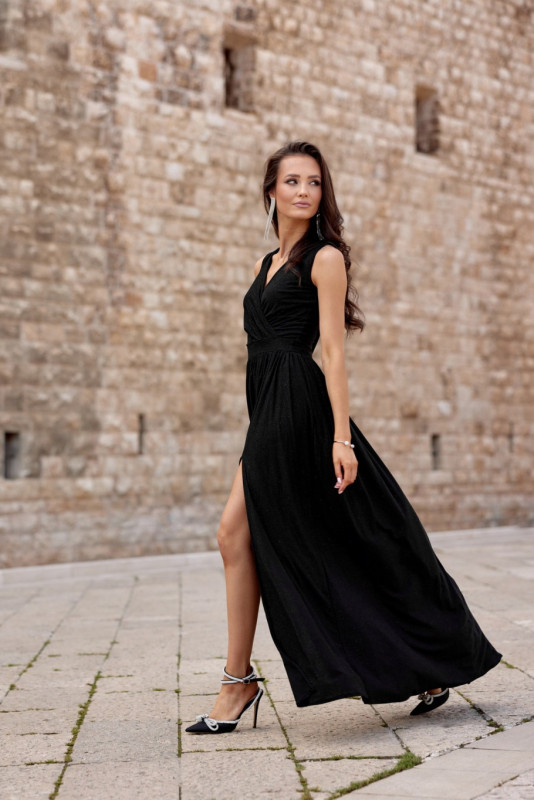 Maxi-Brokatkleid mit Rückenschnürung – Schwarz
