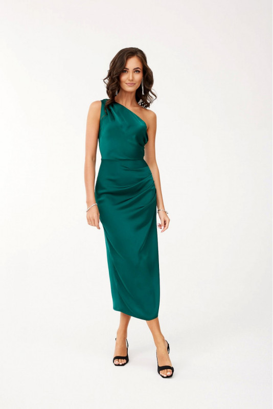 Satiniertes Midi-Kleid mit einem Schulterträger in Flaschengrün