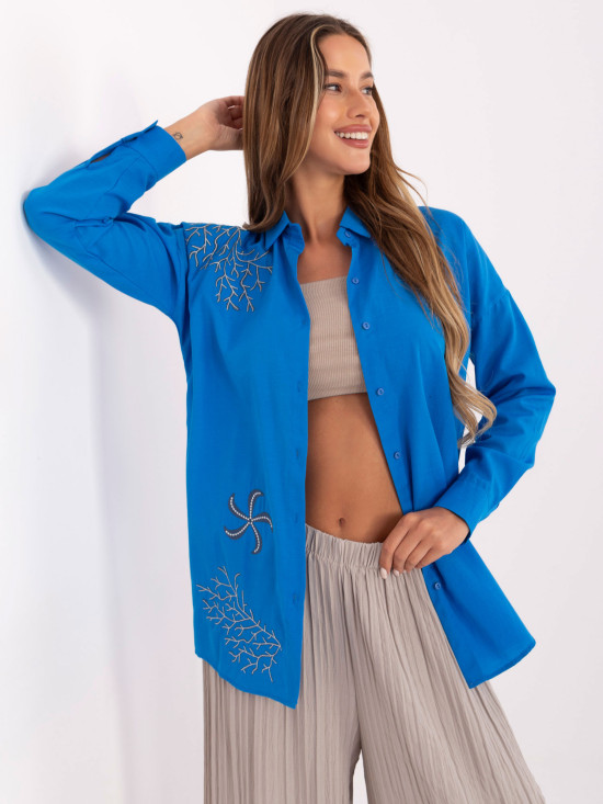 Dunkelblaue Oversize-Bluse mit Stickerei