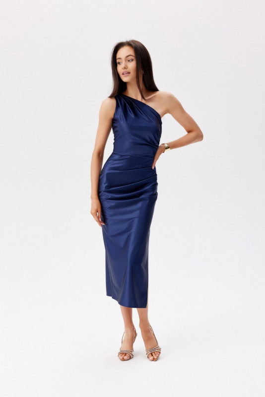 Asymmetrisches dunkelblaues Midi-Kleid mit einem Schulterträger