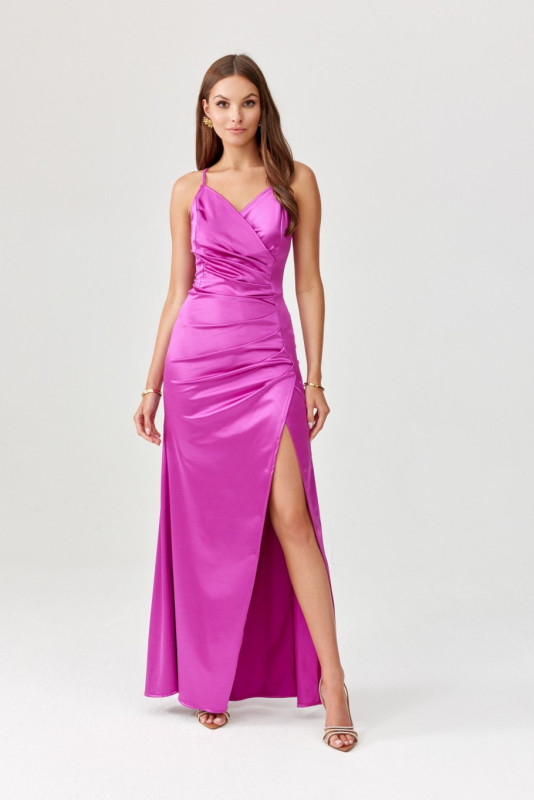 Langes Kleid mit offenem Rücken und Trägern, Satin, bischofslila