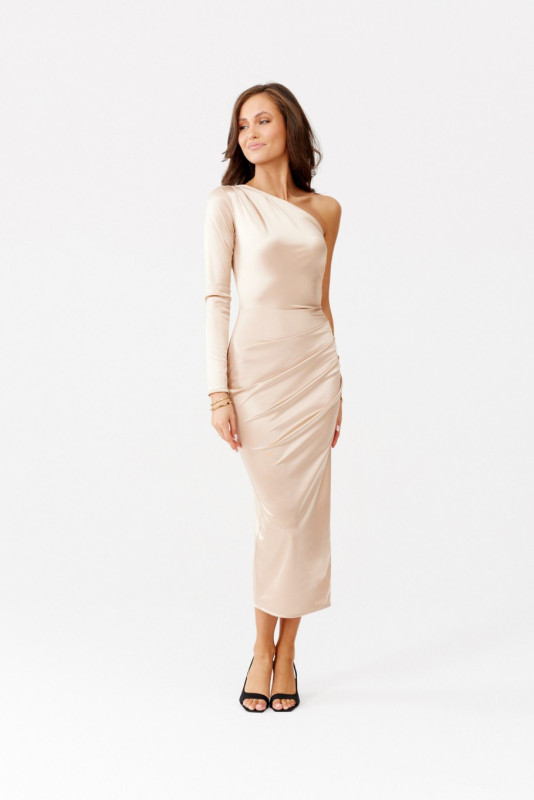 Satiniertes Midi-Kleid mit einem langen Ärmel, beige