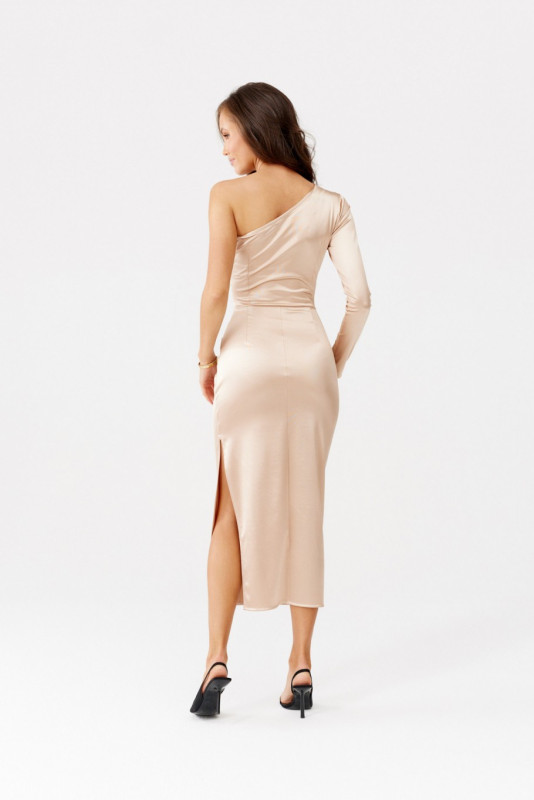 Satiniertes Midi-Kleid mit einem langen Ärmel, beige