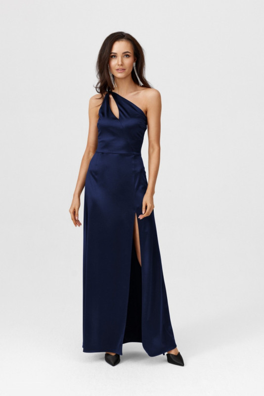 Langes Kleid mit Trägern und asymmetrischem Ausschnitt, dunkelblau