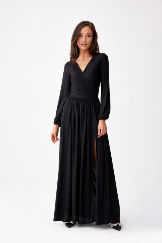 Schwarzes Brokat-Maxikleid mit langen Ärmeln