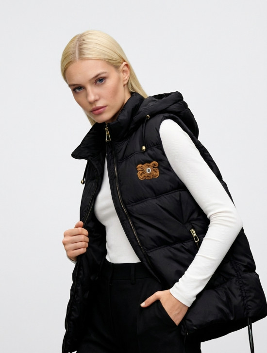 Gesteppte Damenweste mit abnehmbarer Kapuze Schwarz