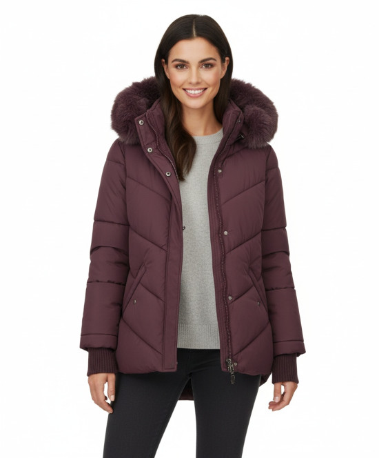 Damen-Steppjacke für den Winter mit Fell – Pflaumenviolett