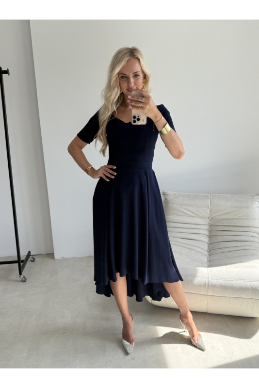 Dunkelblaues Midi-Kleid mit asymmetrischem Ausschnitt