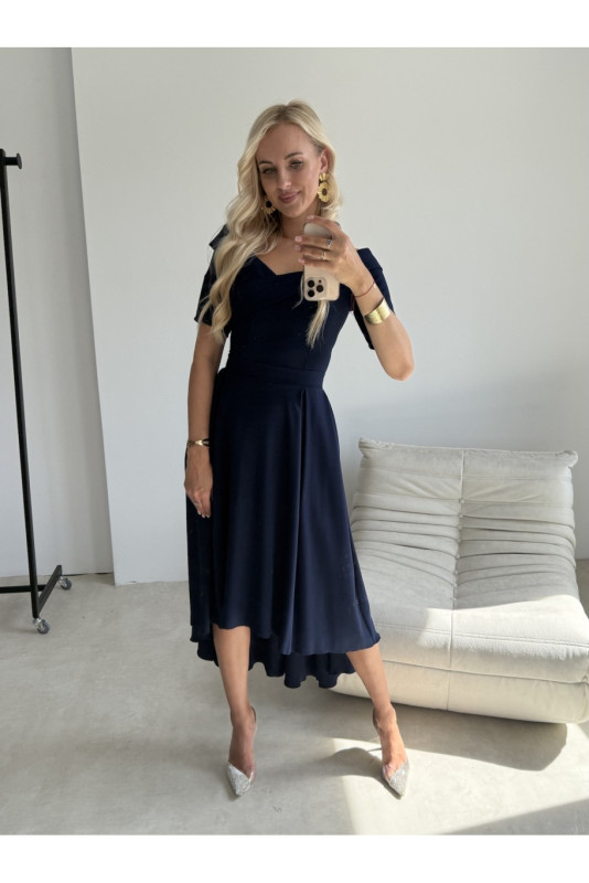 Dunkelblaues Midi-Kleid mit asymmetrischem Ausschnitt