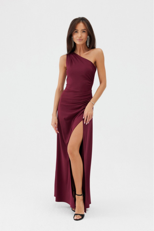 Maxikleid in Bordeaux mit Schlitz und One-Shoulder-Design