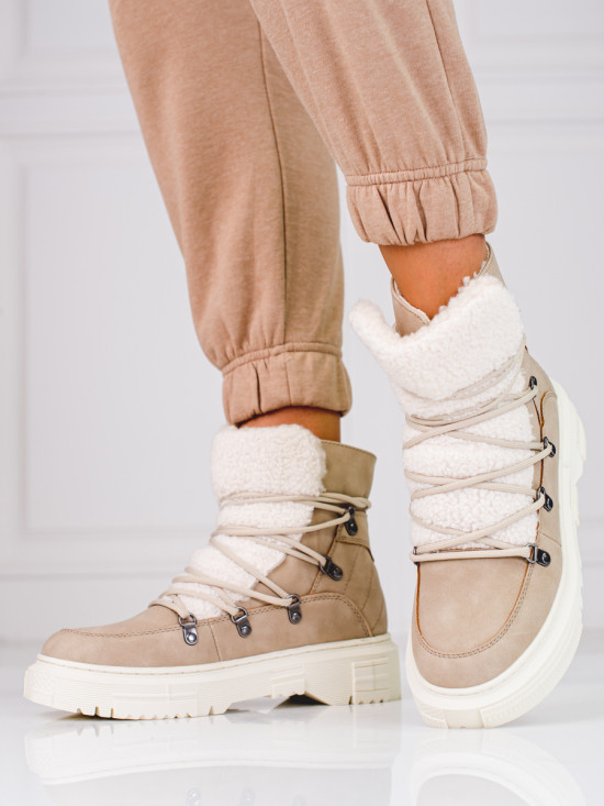 Beige Damen Schneestiefel mit Lammfell