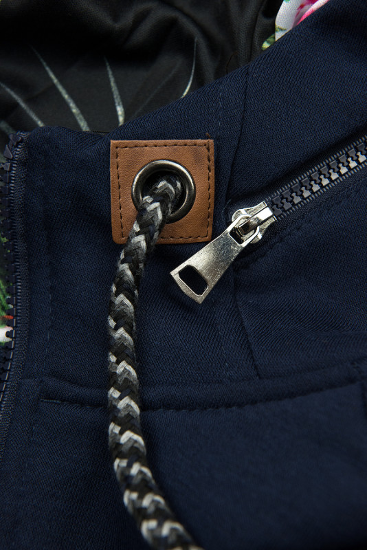 Verlängerte Sweatjacke mit hohem Kragen und Kapuze dunkelblau