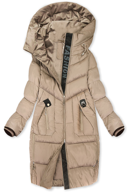 Damen-Steppmantel für den Winter mit voluminöser Kapuze Beige