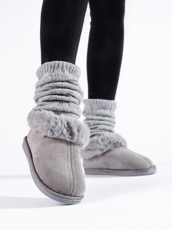 Damen Hausschuhe mit Kunstfell Grau