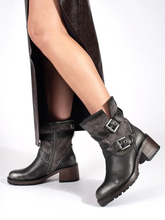 Dunkelbraune metallische Stiefeletten mit Absatz und Schnallen