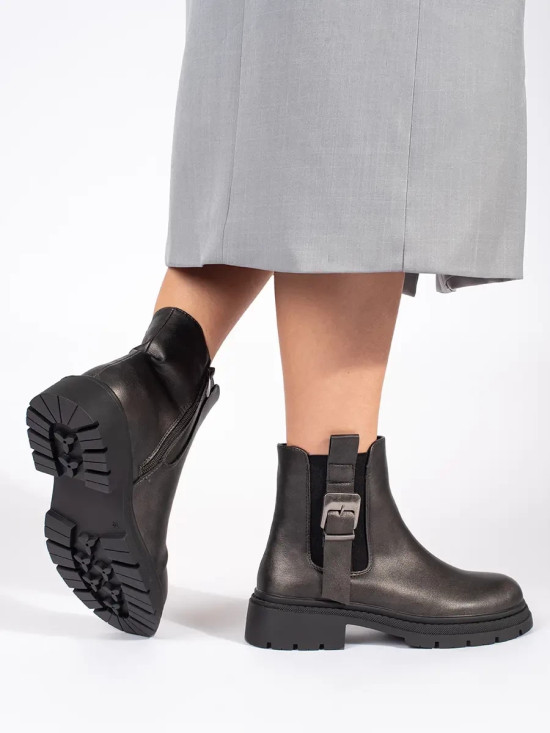 Dunkelbraune metallische Stiefeletten mit Schnalle