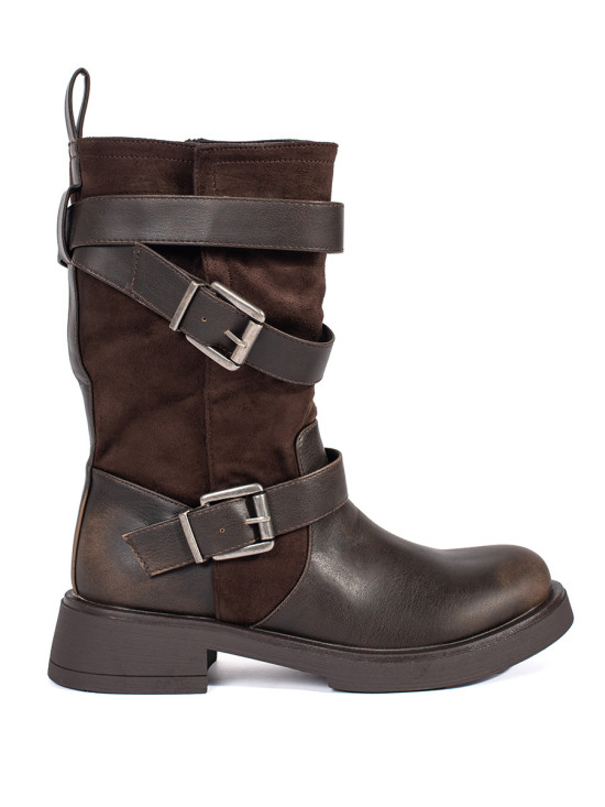 Braune Damen Stiefeletten mit niedrigem Absatz und Schnallen