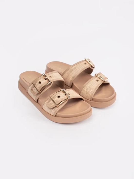 Beige flache Sandalen mit Schnallen