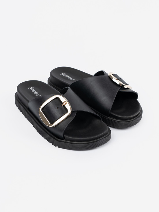 Schwarze Damen-Sandalen mit goldener Schnalle