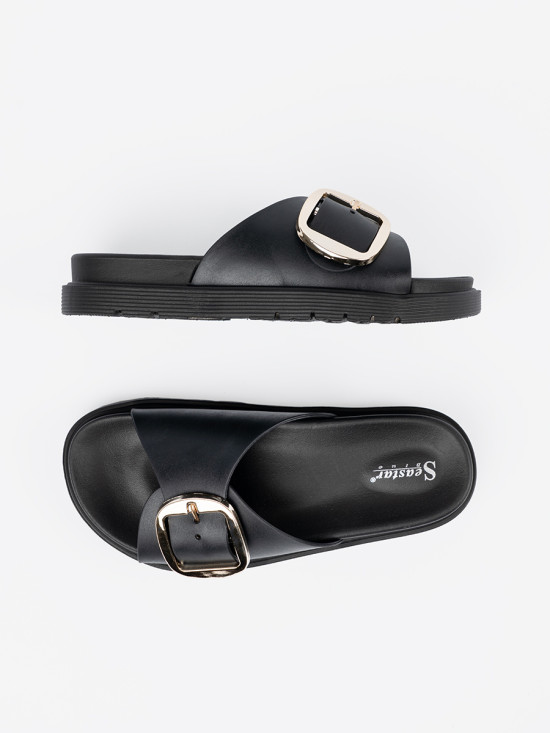 Schwarze Damen-Sandalen mit goldener Schnalle