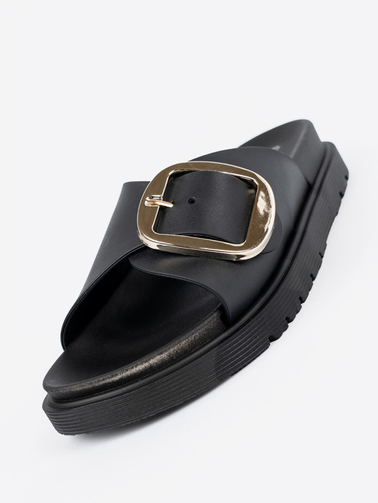 Schwarze Damen-Sandalen mit goldener Schnalle