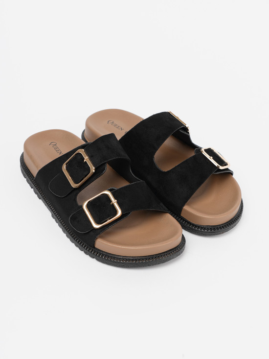 Schwarze Sandalen mit goldenen Schnallen