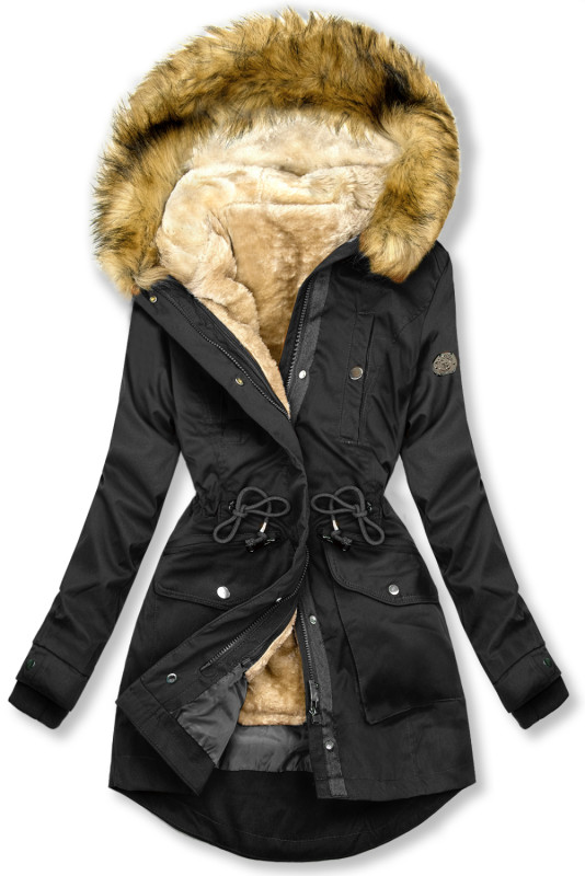 Parka mit abnehmbarem Futter und Kunstfell schwarz