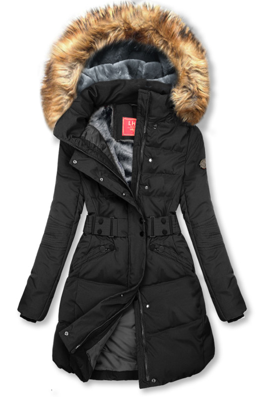 Gesteppte Winterjacke mit Gürtel Schwarz/Grau
