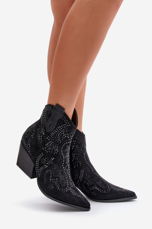 Verzierte schwarze Ankle Boots mit Absatz aus Veloursleder