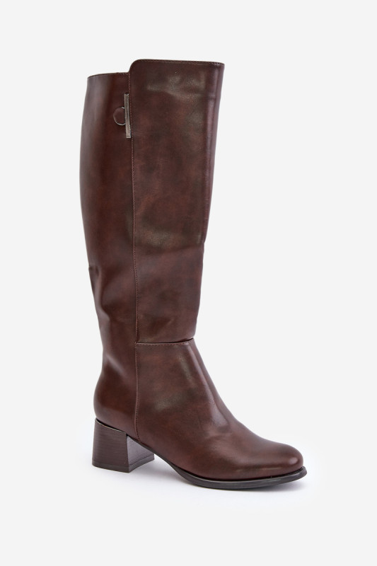 Braune Stiefel mit Blockabsatz aus Kunstleder bis zum Knie