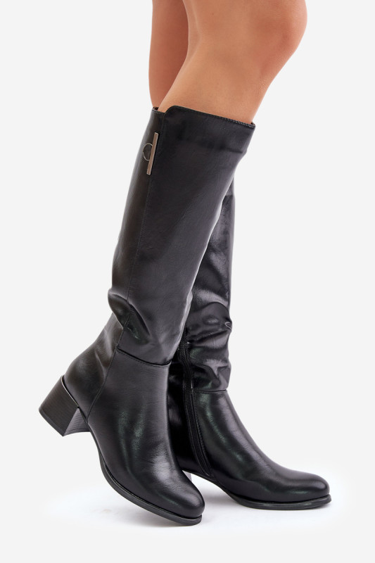 Schwarze Stiefel aus Kunstleder mit Blockabsatz bis zum Knie